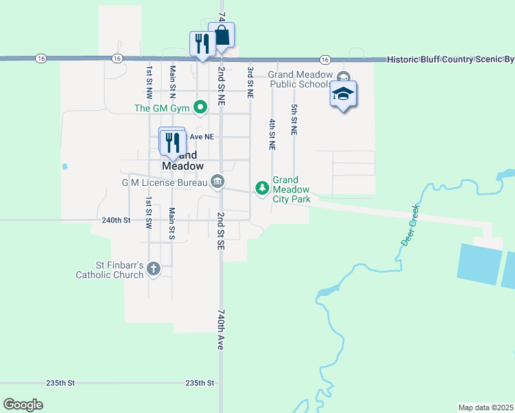 map of restaurants, bars, coffee shops, grocery stores, and more near 208 3rd Street Southeast in Grand Meadow