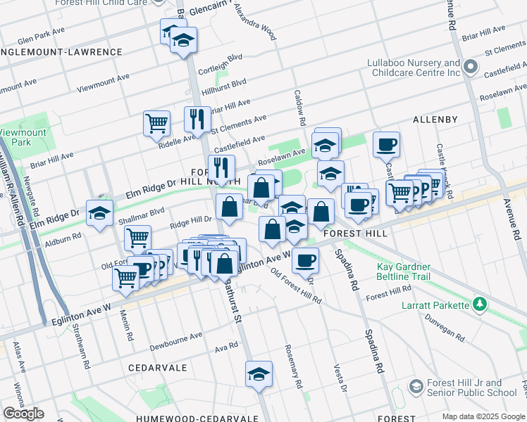 map of restaurants, bars, coffee shops, grocery stores, and more near 11 Shallmar Boulevard in Toronto