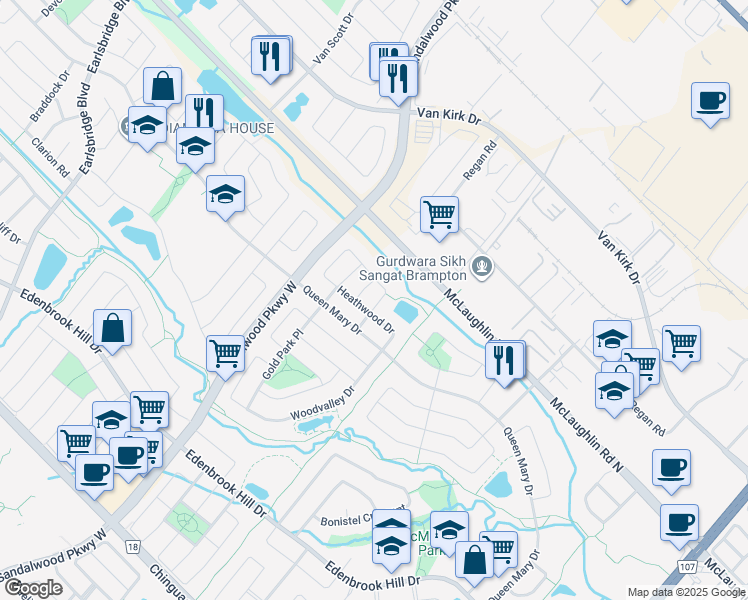 map of restaurants, bars, coffee shops, grocery stores, and more near 12 Woodhaven Drive in Brampton