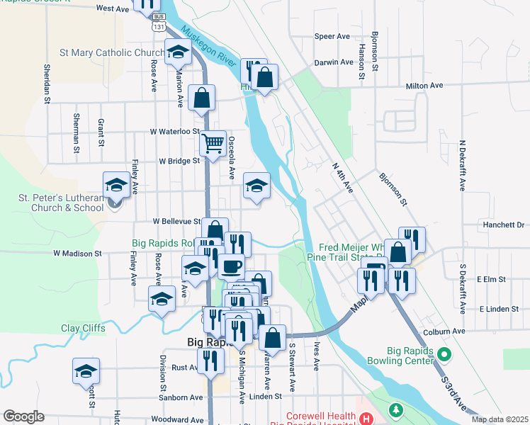 map of restaurants, bars, coffee shops, grocery stores, and more near 500 North Warren Avenue in Big Rapids