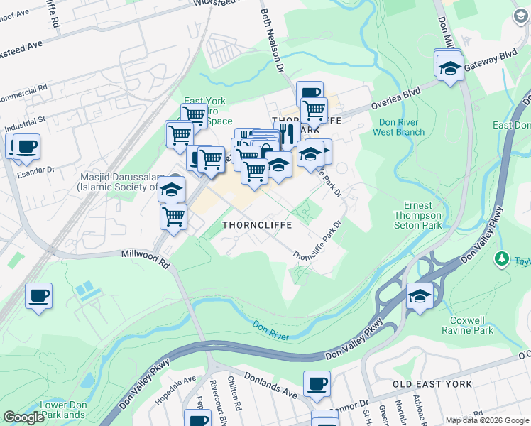 map of restaurants, bars, coffee shops, grocery stores, and more near 2 Grandstand Place in Toronto
