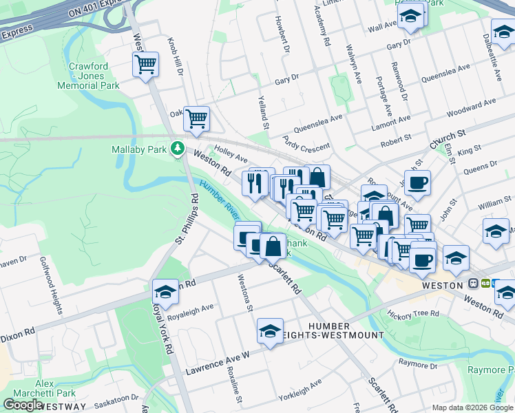 map of restaurants, bars, coffee shops, grocery stores, and more near 2222 Weston Road in Toronto
