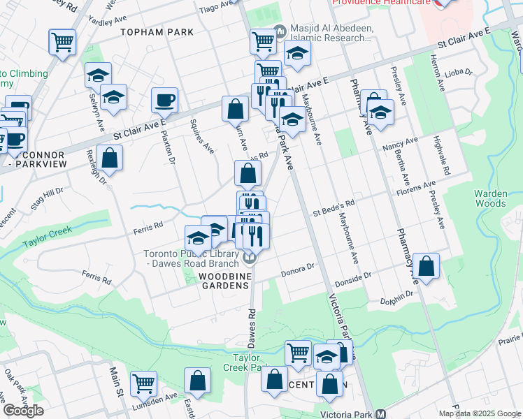 map of restaurants, bars, coffee shops, grocery stores, and more near 465 Dawes Road in Toronto