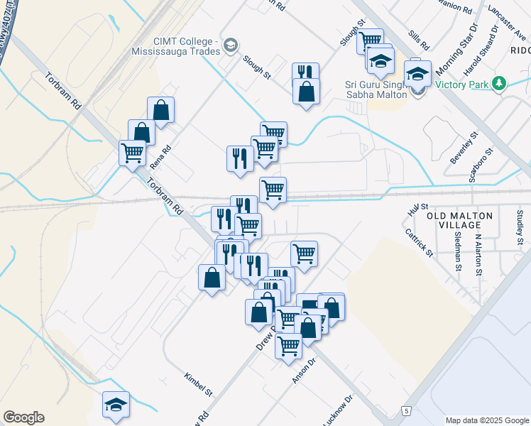 map of restaurants, bars, coffee shops, grocery stores, and more near 7347 Kimbel Street in Mississauga