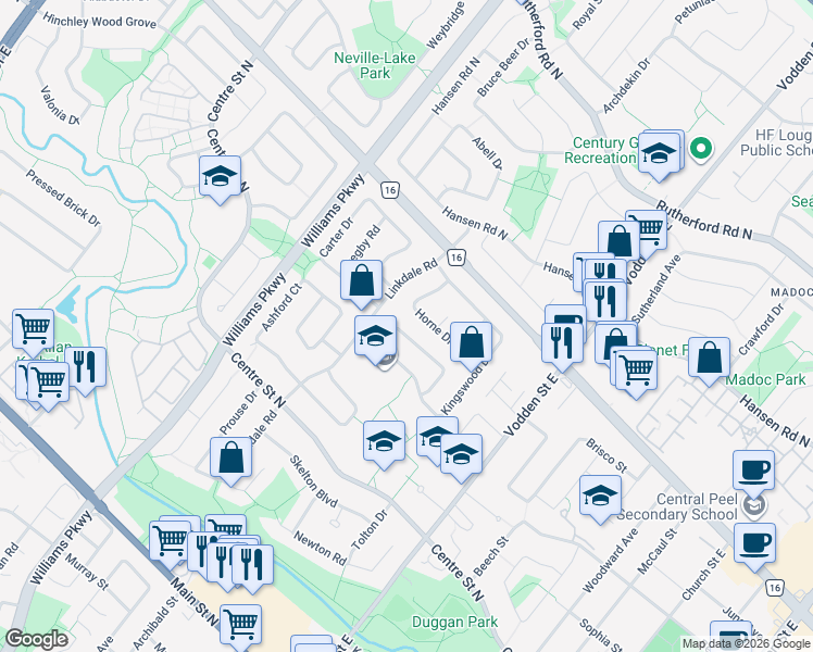 map of restaurants, bars, coffee shops, grocery stores, and more near 74 Merton Road in Brampton
