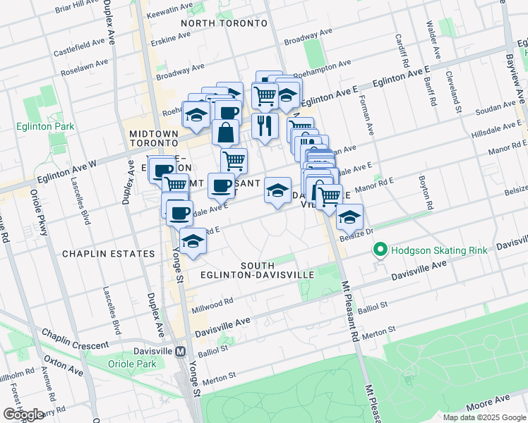 map of restaurants, bars, coffee shops, grocery stores, and more near 114 Manor Road East in Toronto