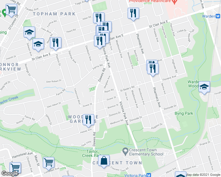 map of restaurants, bars, coffee shops, grocery stores, and more near in Toronto