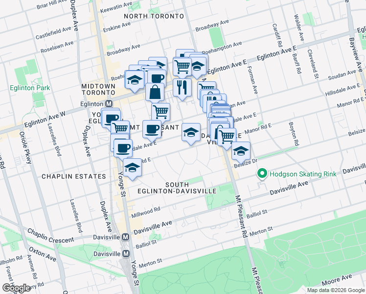 map of restaurants, bars, coffee shops, grocery stores, and more near 114 Manor Road East in Toronto