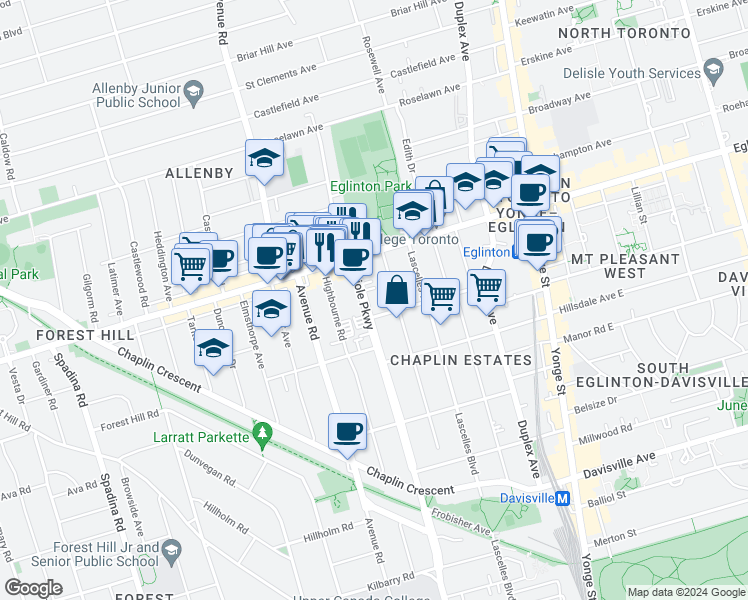 map of restaurants, bars, coffee shops, grocery stores, and more near in Toronto