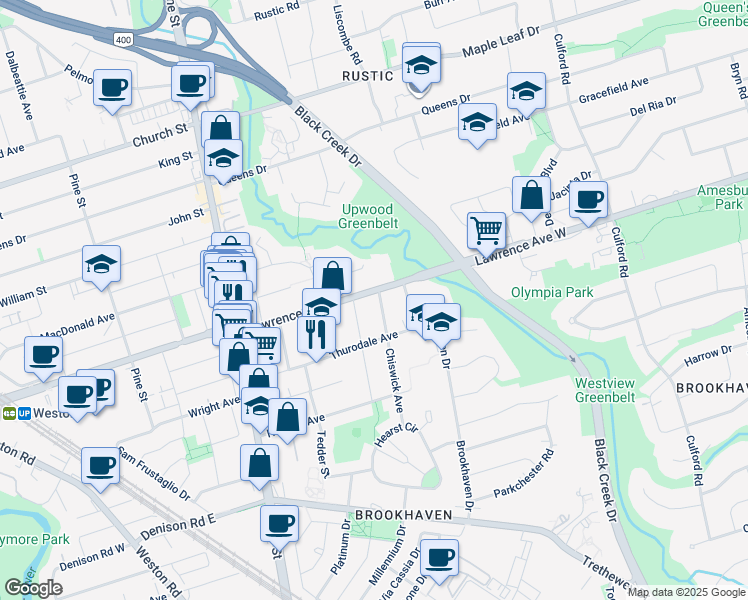 map of restaurants, bars, coffee shops, grocery stores, and more near in Toronto