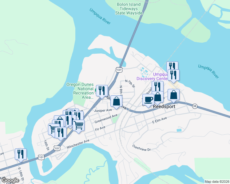 map of restaurants, bars, coffee shops, grocery stores, and more near 1000 North 8th Street in Reedsport