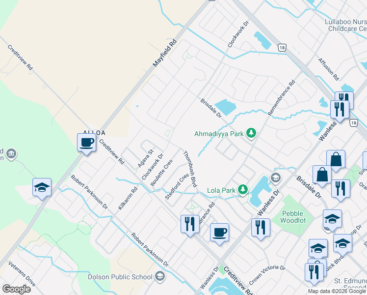 map of restaurants, bars, coffee shops, grocery stores, and more near 193 Thornbush Boulevard in Brampton