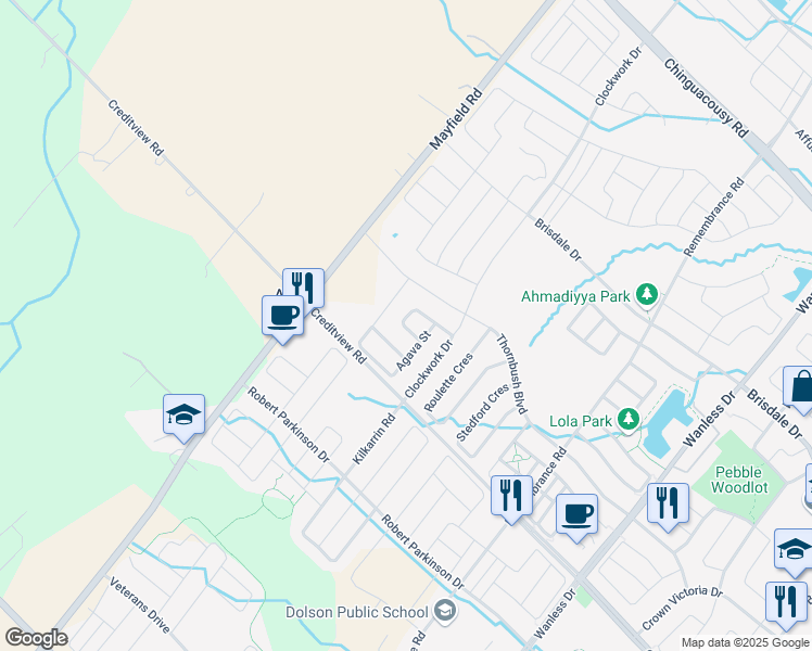 map of restaurants, bars, coffee shops, grocery stores, and more near Yately Street in Brampton