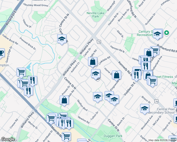 map of restaurants, bars, coffee shops, grocery stores, and more near 16 Radford Drive in Brampton