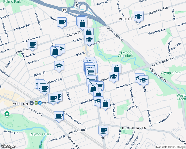 map of restaurants, bars, coffee shops, grocery stores, and more near in Toronto