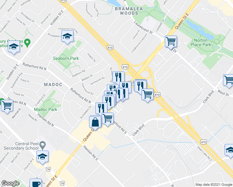 map of restaurants, bars, coffee shops, grocery stores, and more near 368 Queen Street East in Brampton