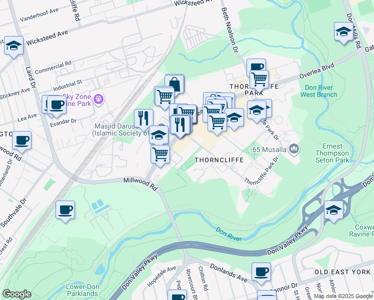 map of restaurants, bars, coffee shops, grocery stores, and more near 21 Overlea Boulevard in Toronto