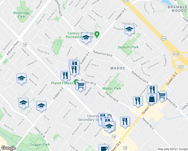 map of restaurants, bars, coffee shops, grocery stores, and more near 38 Tindale Road in Brampton