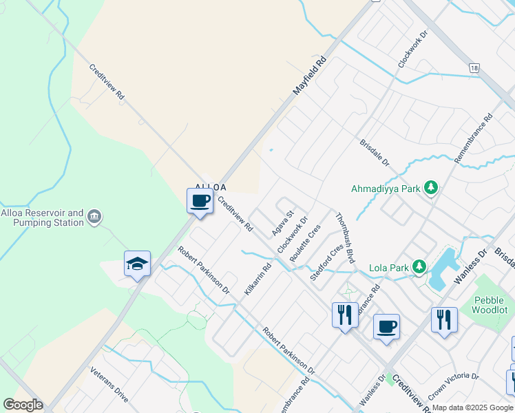 map of restaurants, bars, coffee shops, grocery stores, and more near Agava Street in Brampton