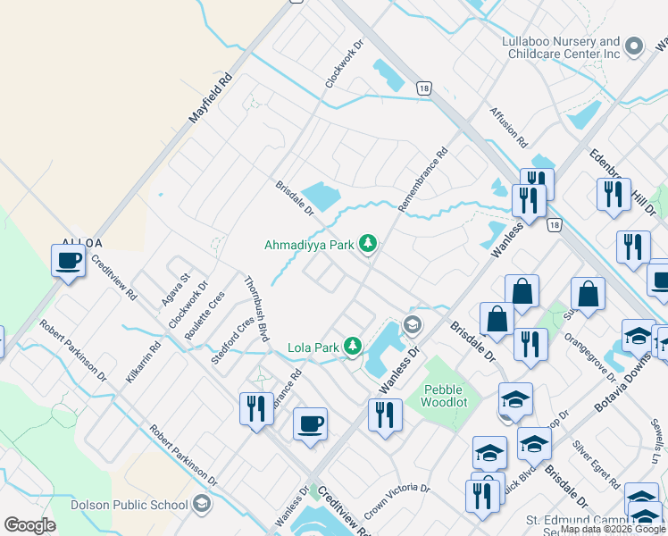 map of restaurants, bars, coffee shops, grocery stores, and more near 13 Masken Circle in Brampton