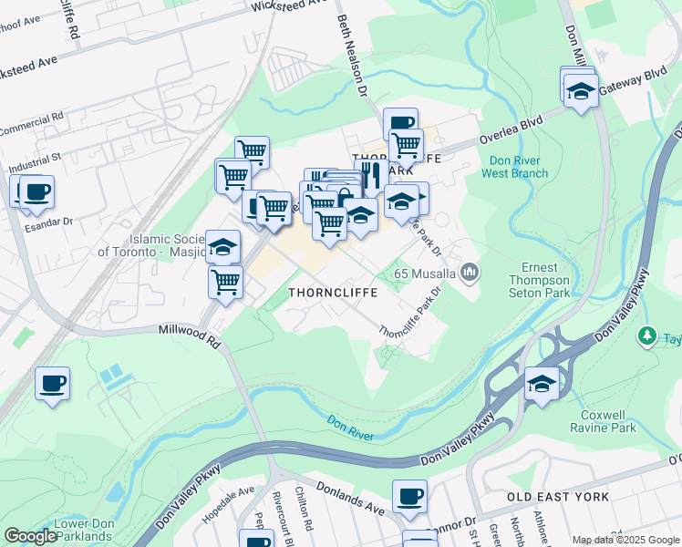 map of restaurants, bars, coffee shops, grocery stores, and more near 4 Grandstand Place in Toronto