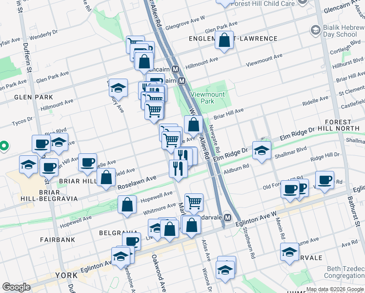 map of restaurants, bars, coffee shops, grocery stores, and more near 377 Ridelle Avenue in Toronto