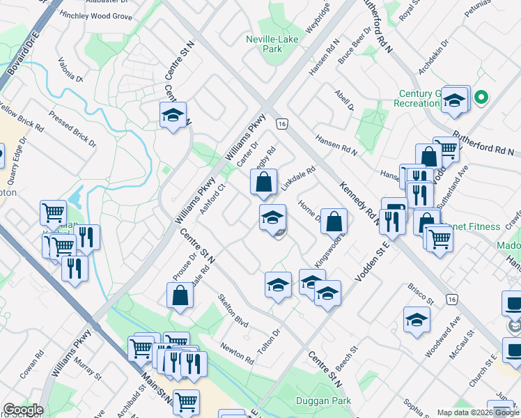 map of restaurants, bars, coffee shops, grocery stores, and more near 44 Linkdale Road in Brampton