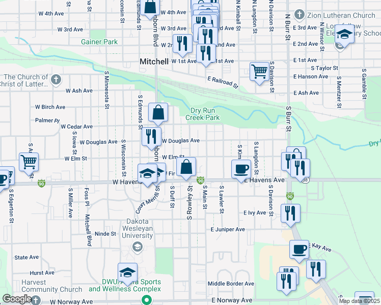 map of restaurants, bars, coffee shops, grocery stores, and more near 620 South Rowley Street in Mitchell