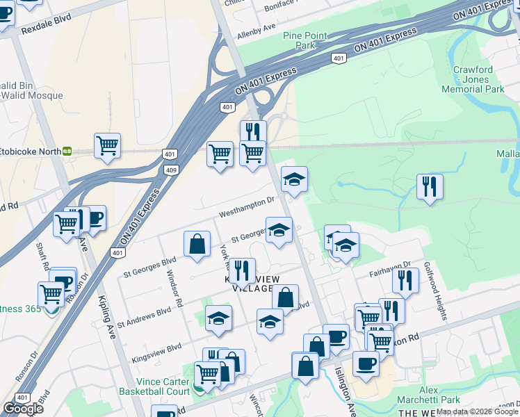 map of restaurants, bars, coffee shops, grocery stores, and more near 97 Westhampton Drive in Toronto