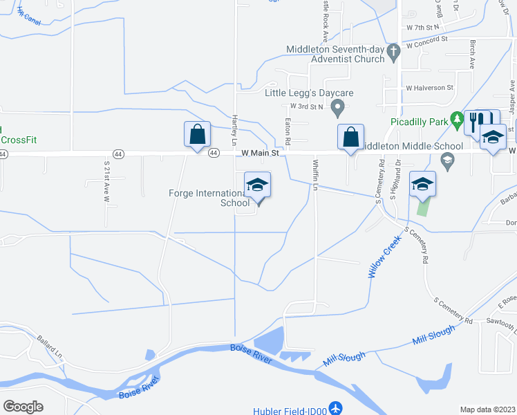 map of restaurants, bars, coffee shops, grocery stores, and more near 208 S Hartley Lane in Middleton