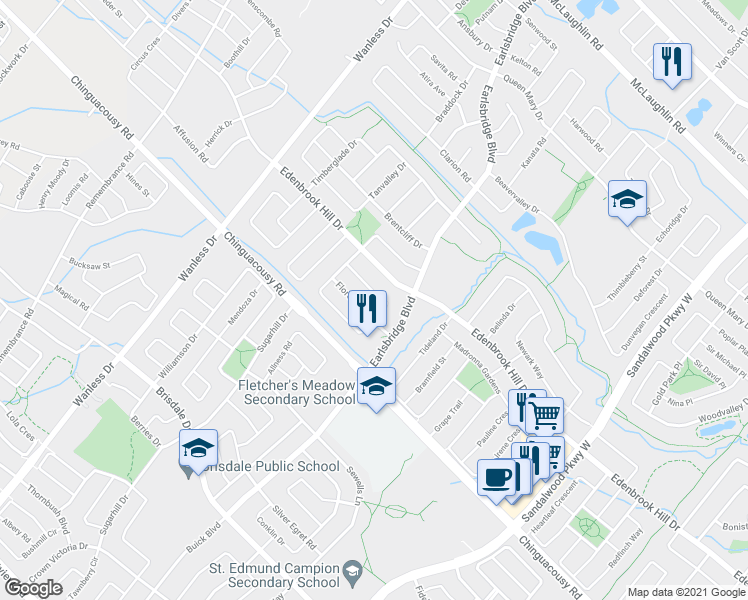 map of restaurants, bars, coffee shops, grocery stores, and more near 14 Allangrove Drive in Brampton