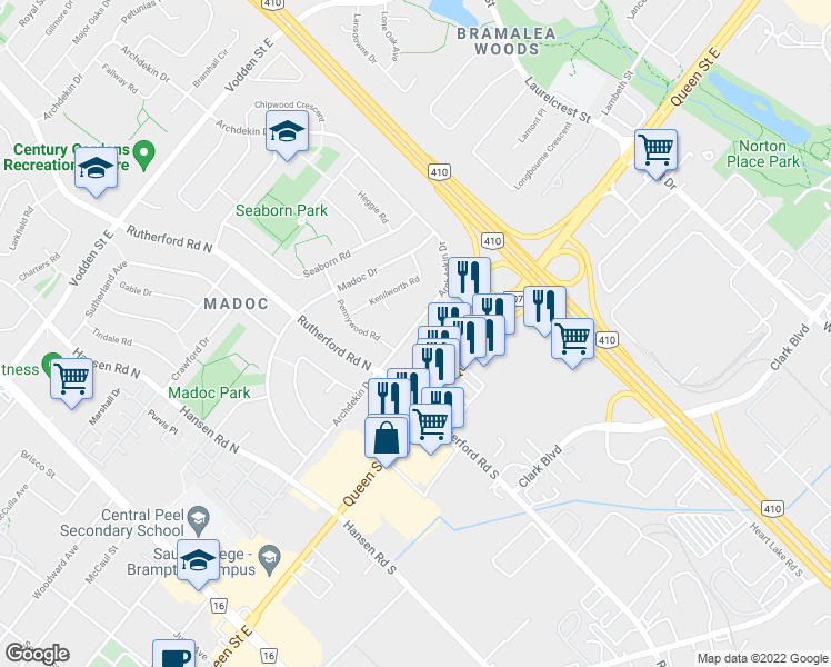 map of restaurants, bars, coffee shops, grocery stores, and more near 123 Archdekin Drive in Brampton