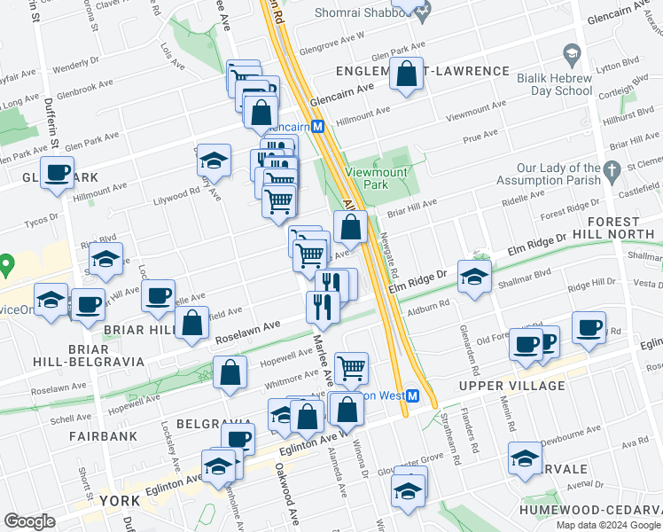 map of restaurants, bars, coffee shops, grocery stores, and more near in Toronto