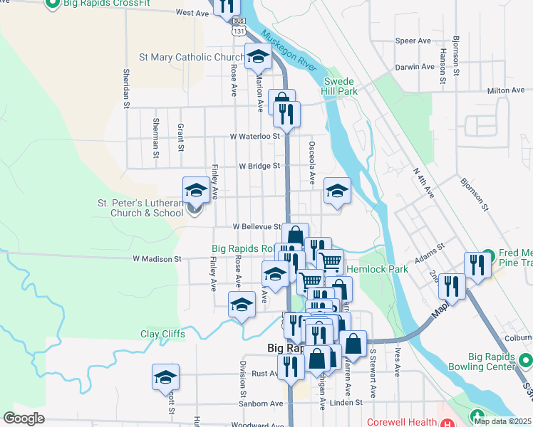 map of restaurants, bars, coffee shops, grocery stores, and more near 514 Marion Avenue in Big Rapids