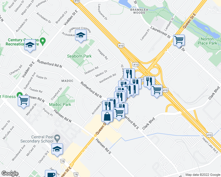 map of restaurants, bars, coffee shops, grocery stores, and more near 123 Archdekin Drive in Brampton