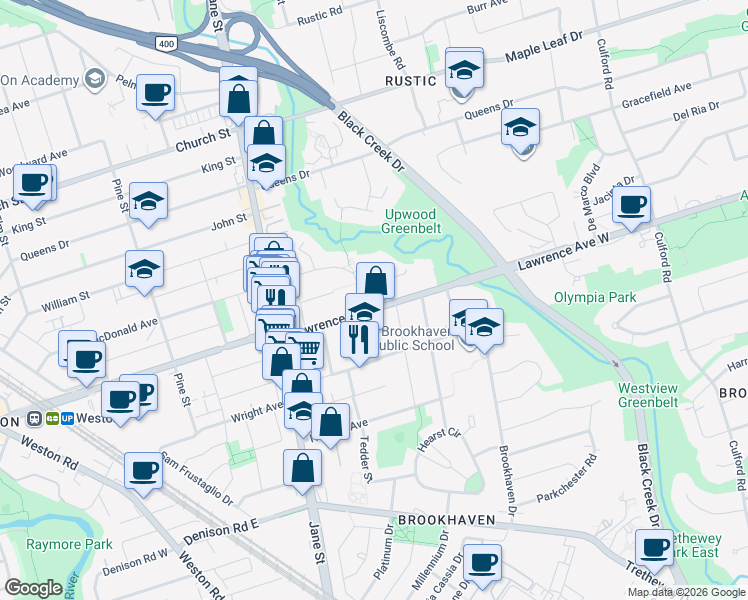 map of restaurants, bars, coffee shops, grocery stores, and more near 1776A Lawrence Avenue West in Toronto