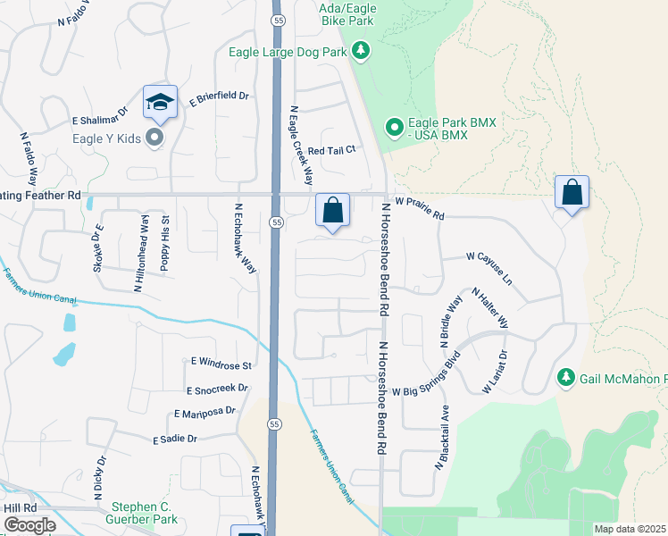 map of restaurants, bars, coffee shops, grocery stores, and more near 3054 East Shadowwolf Drive in Eagle