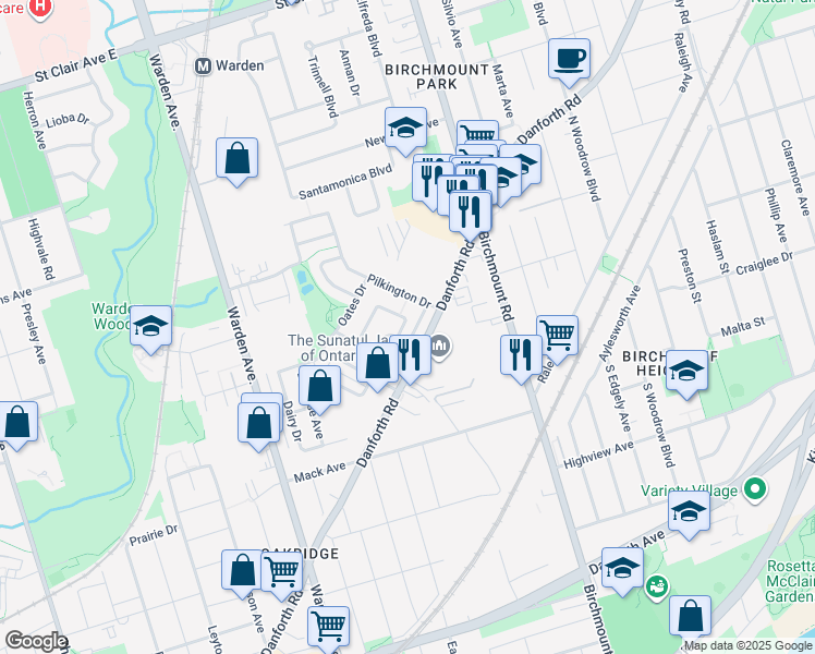 map of restaurants, bars, coffee shops, grocery stores, and more near 49 Wilkes Crescent in Toronto