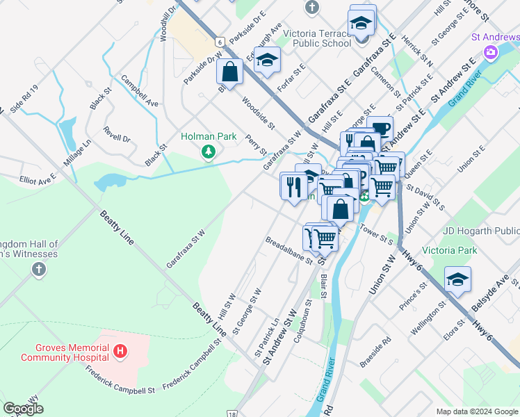 map of restaurants, bars, coffee shops, grocery stores, and more near 455 A Maiden Lane in Fergus