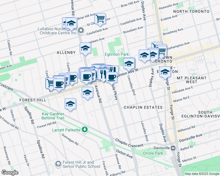 map of restaurants, bars, coffee shops, grocery stores, and more near 239 Eglinton Avenue West in Toronto
