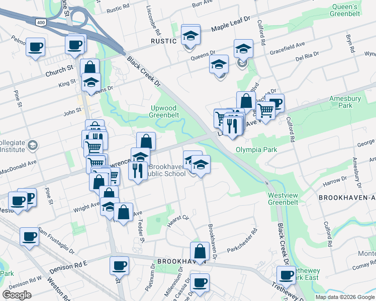 map of restaurants, bars, coffee shops, grocery stores, and more near 125 Brookhaven Drive in Toronto