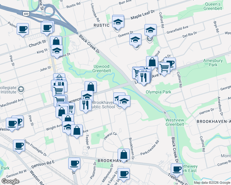 map of restaurants, bars, coffee shops, grocery stores, and more near 125 Brookhaven Drive in Toronto