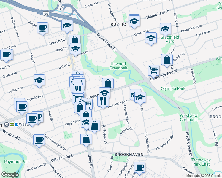 map of restaurants, bars, coffee shops, grocery stores, and more near in Toronto