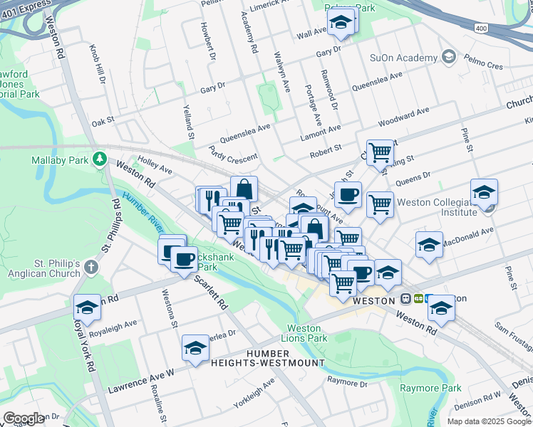 map of restaurants, bars, coffee shops, grocery stores, and more near in Toronto