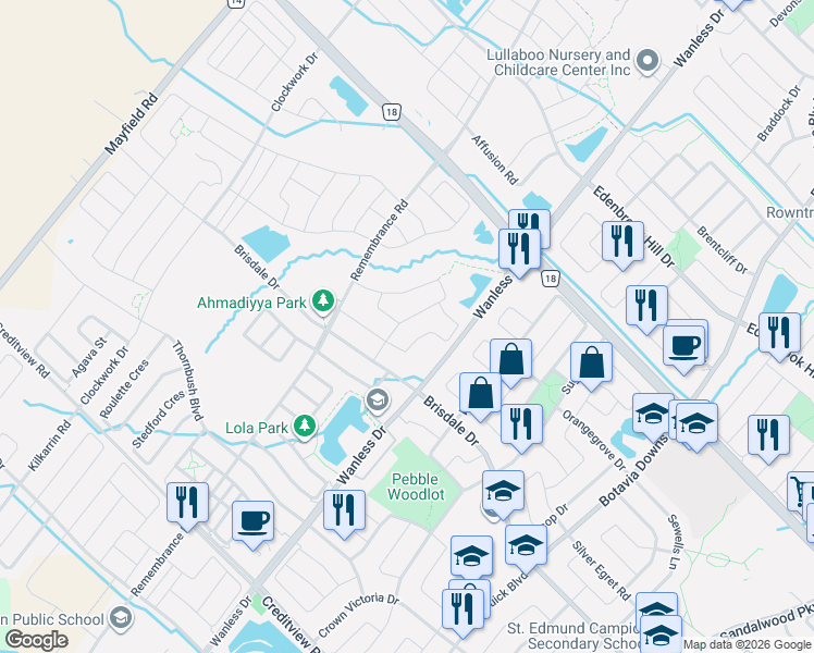 map of restaurants, bars, coffee shops, grocery stores, and more near 2 Malpass Street in Brampton