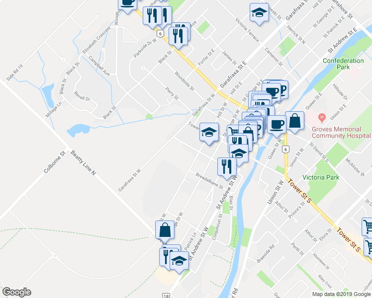 map of restaurants, bars, coffee shops, grocery stores, and more near 455 A Maiden Lane in Fergus