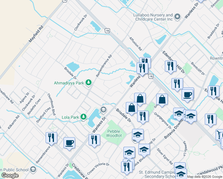 map of restaurants, bars, coffee shops, grocery stores, and more near 16 Bucksaw Street in Brampton