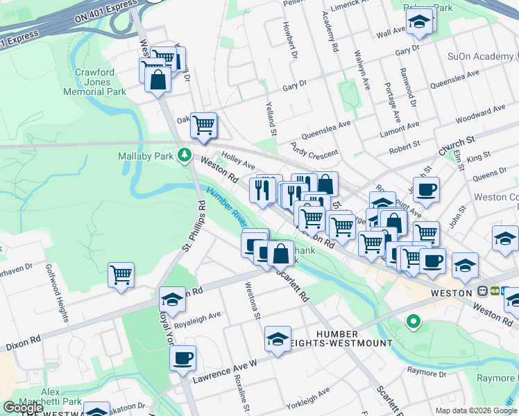 map of restaurants, bars, coffee shops, grocery stores, and more near 2240 Weston Road in Toronto