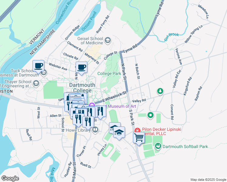 map of restaurants, bars, coffee shops, grocery stores, and more near 8 Ivy Lane in Hanover