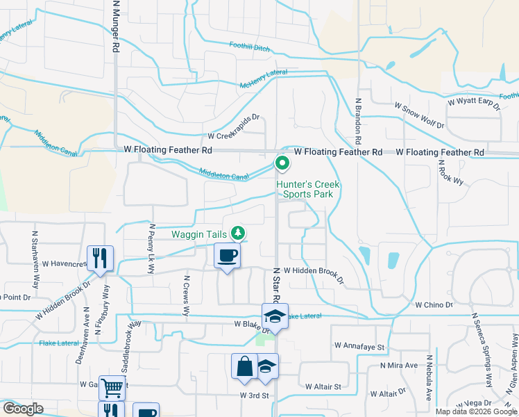map of restaurants, bars, coffee shops, grocery stores, and more near 1325 North Meadowstream Avenue in Star